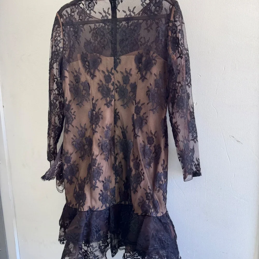 Victor Costa Black Lace Long Sleeve Tiered Mini Dress over Nude Slip - Picture 3 of 14